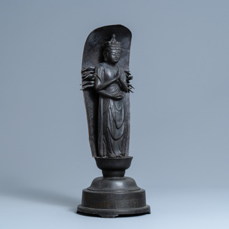 A Japanese inscribed bronze and copper alloy figure of Kanzeon Bosatsu, Edo