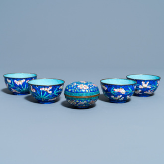 Four Vietnamese Phap Lam Hue enamel bowls and a box and cover, Minh Mang mark, 1820-1841