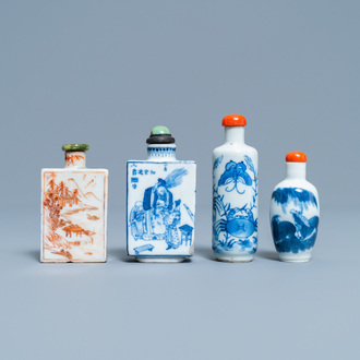 Four Chinese blue and white and iron-red snuff bottles, 19/20th C.