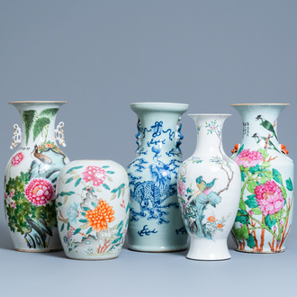 Five Chinese qianjiang cai, famille rose and celadon vases, 19/20th C.