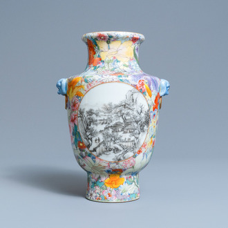 A Chinese famille rose millefleurs vase with grisaille landscape panels, Qianlong mark, Republic