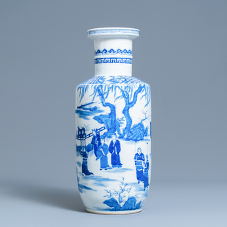 A Chinese blue and white rouleau vase, Kangxi mark, 19/20th C.