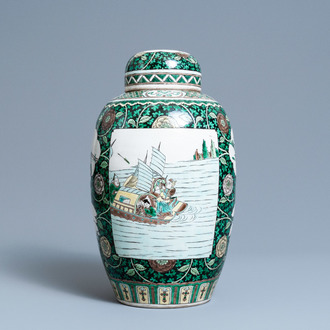 A Chinese verte biscuit jar and cover, 19th C.