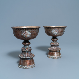 A pair of Tibetan silvered copper alloy altar bowls, 19/20th C.