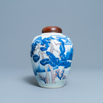 A Chinese blue, white, celadon and copper red vase with a landscape, Kangxi