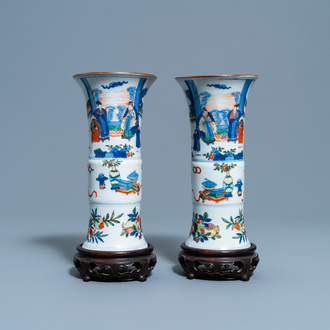 A pair of Chinese wucai 'gu' vases, 19th C.