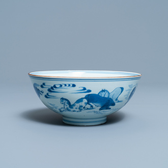 Un bol en porcelaine de Chine en bleu et blanc à décor des 'Huit chevaux de Mu Wang', marque de Jiajing, Kangxi