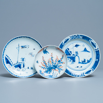 Three Chinese blue, white, copper red and wucai ko-sometsuke plates for the Japanese market, Tianqi/Chongzhen