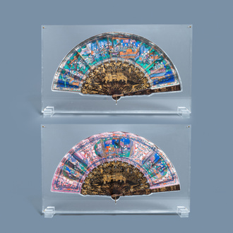 Two Chinese Cantonese painted paper and lacquer fans in plexi mounts, 19th C.