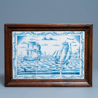 A Dutch Delft blue and white tile mural with ships at sea, 18th C.