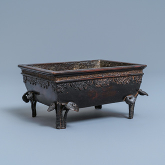 A Chinese rectangular lacquered bronze censer, Qing