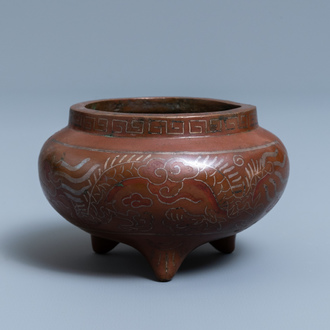 A Chinese silver- and copper-inlaid bronze censer, Xuande mark, 18/19th C.