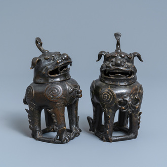 A pair of Chinese gilt-lacquered bronze Chinese 'luduan' censers, Ming