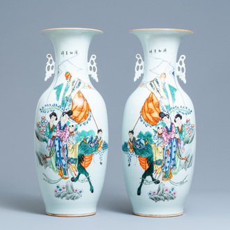 A pair of Chinese famille rose vases, 19/20th  C.