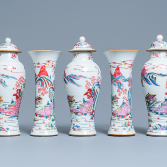 A Chinese famille rose garniture of five vases, Yongzheng