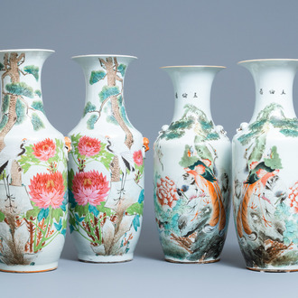 Two pairs of Chinese qianjiang cai vases with birds, 19/20th C.