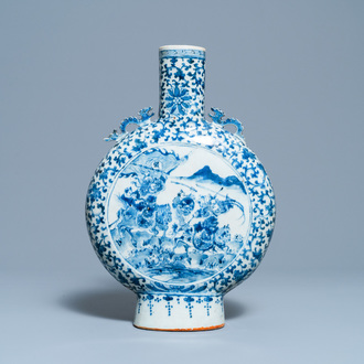 A Chinese blue and white 'moonflask' vase with warriors on horseback, 19th C.