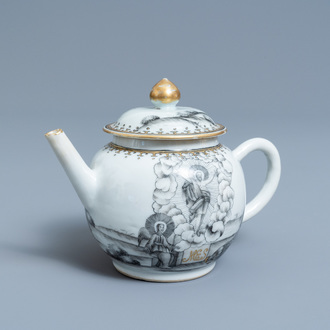 Une théière couverte en porcelaine de Chine grisaille et doré à décor de 'La Resurrection', Qianlong