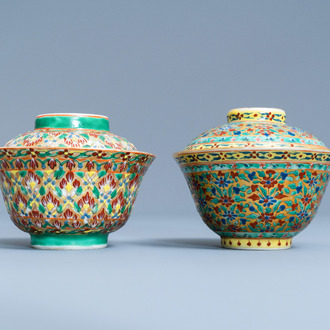 Two Chinese Thai market Bencharong bowls and covers, 19th C.