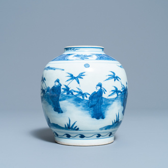 Een Chinese blauw-witte pot met figuren in een landschap, Wanli