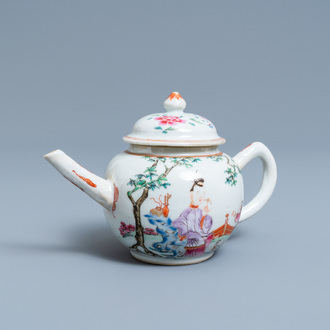 A Chinese famille rose teapot with figures in a garden, Yongzheng