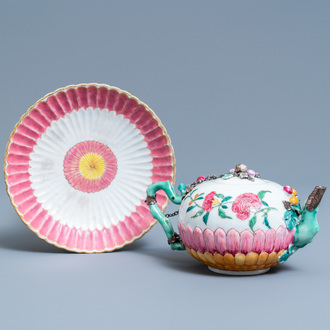 A Chinese famille rose teapot on stand with applied floral design, Yongzheng