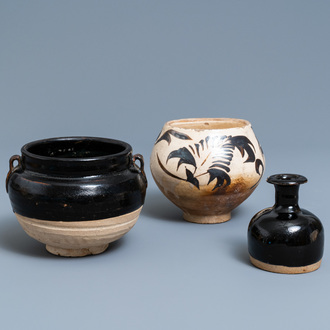 Two Chinese Cizhou pottery vases and a bowl, Song and Ming