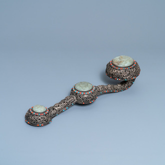 A large Chinese jade-embellished coral- and turquoise-inlaid ruyi scepter, 19th C.