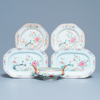 Five Chinese famille rose 'double peacock' porcelain wares, Qianlong