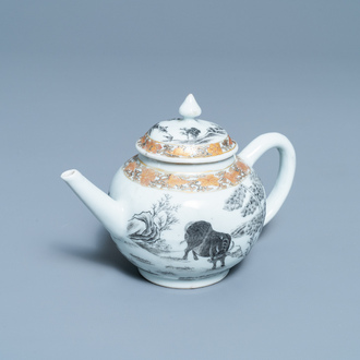 Une théière couverte en porcelaine de Chine grisaille et dorée à décor de buffles, Yongzheng