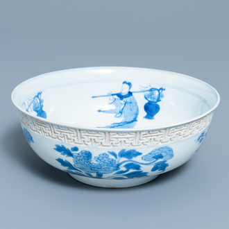 A Chinese blue and white relief-molded bowl, Kangxi