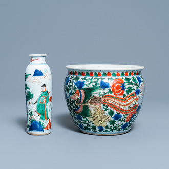 A Chinese wucai rouleau vase and a 'phoenix' censer, Transitional period