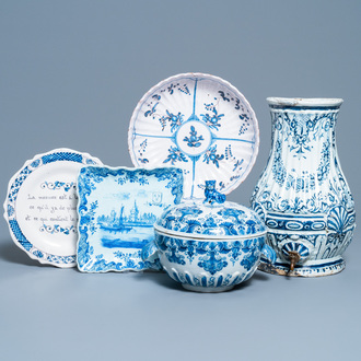Five pieces of Dutch and French Delftware, 18/19th C.