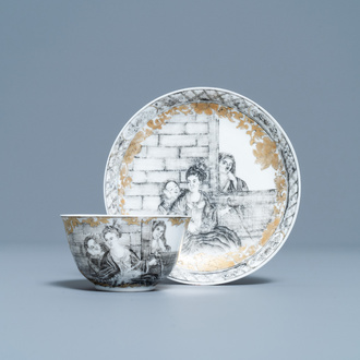 A Chinese grisaille and gilt 'European subject' cup and saucer, Qianlong