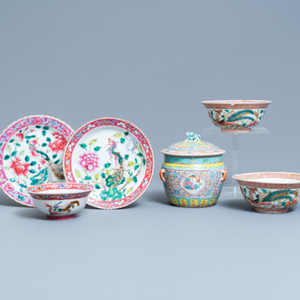 Zes stukken Chinees famille rose porselein voor de Straits of Peranakan markt, 19e eeuw