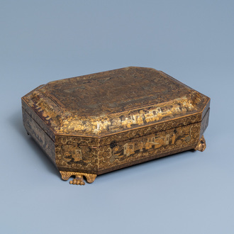 A Chinese Canton export gilt and lacquer gaming box with mother-of-pearl accessories, 19th C.