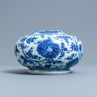 A Chinese blue and white lotus scroll vase, Xuande mark, Kangxi