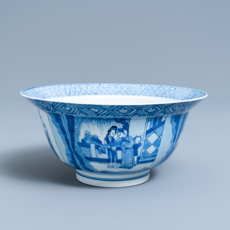 Un bol de type klapmuts en porcelaine de Chine en bleu et blanc à décor de scènes du 'Xi Xiang Ji', marque et époque de Kangxi