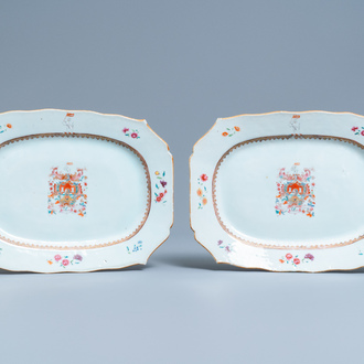 A pair of Chinese famille rose armorial dishes for the English market with the arms of Watson and Darell, Qianlong
