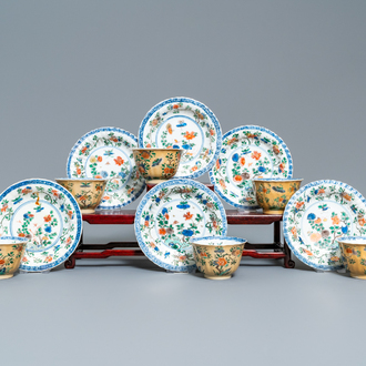 Six lobed Chinese famille verte café-au-lait-ground cups and saucers, Kangxi