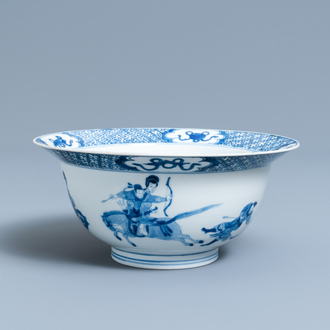 A Chinese blue and white klapmuts bowl with a battle scene, Chenghua mark, Kangxi