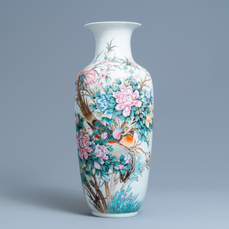 A Chinese famille rose vase with birds among blossoming branches, Qianlong mark, Republic