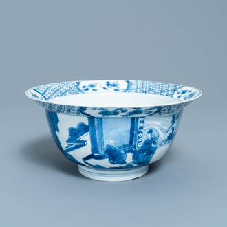 A Chinese blue and white 'Romance of the Western Chamber' klapmuts bowl, Chenghua mark, Kangxi