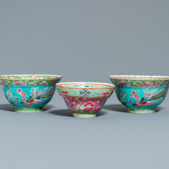 Three Chinese famille rose bowls for the Straits or Peranakan market, 19th C.