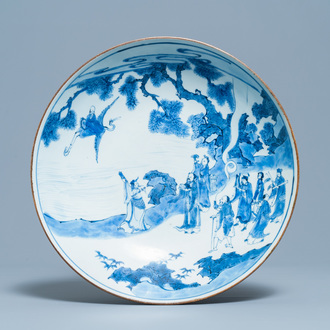 Een Chinese blauw-witte schotel met onsterfelijken, Yu Tang Jia Qi merk, Shunzhi