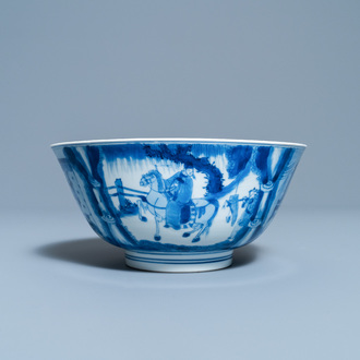 Un bol en porcelaine de Chine en bleu et blanc à décor de scènes du 'Xi Xiang Ji', marque et époque de Kangxi