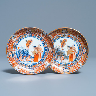 A pair of small Chinese Imari-style saucer dishes after Cornelis Pronk: 'Dames au parasol', Qianlong