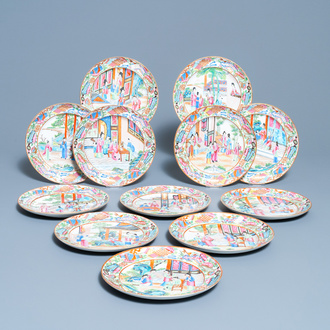 Twelve Chinese Canton famille rose plates, 19th C.