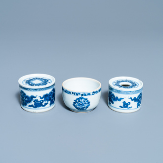 Two Chinese blue and white pounce pots and a bowl, Kangxi