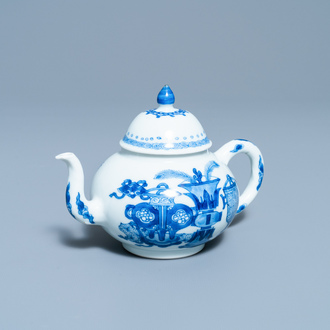 A Chinese blue and white teapot and cover with antiquities, Jiajing mark, Kangxi